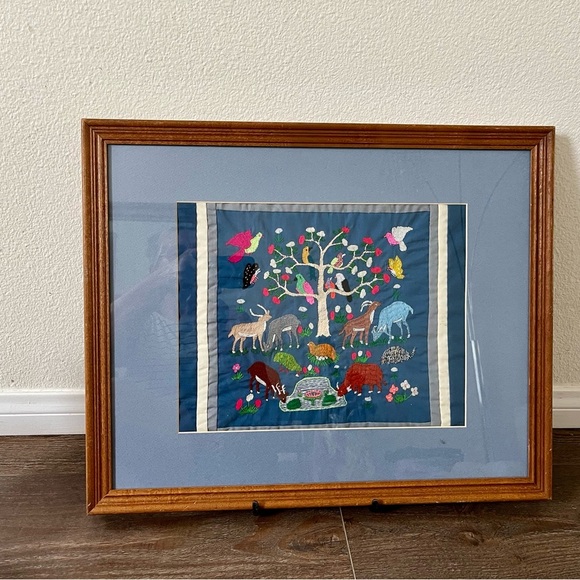Framed Embroidered Animal Tree Art in Blue Mat 18/22 Inch - Picture 1 of 11